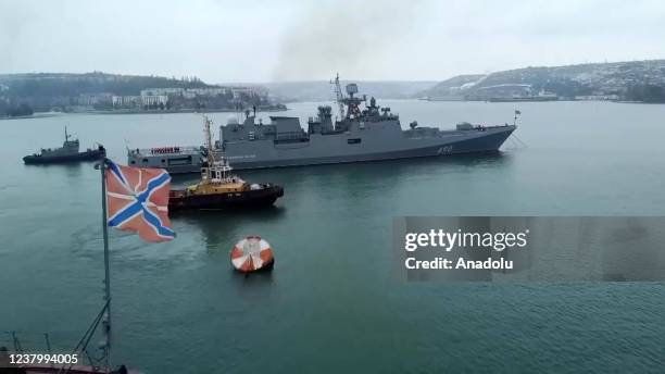 Screen grab captured from a video shows the more than 20 Russian navy ships started a military drill in the Black Sea, in Russia on January 26, 2022....