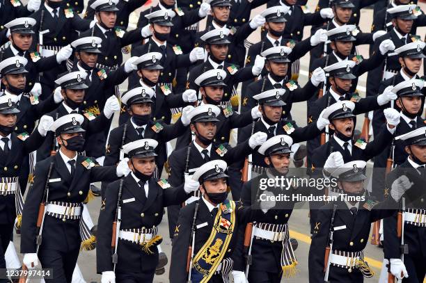 The Indian Navy contingent marches during the73rd Republic Day parade, at Rajpath, on January 26, 2022 in New Delhi, India. India is celebrating the...