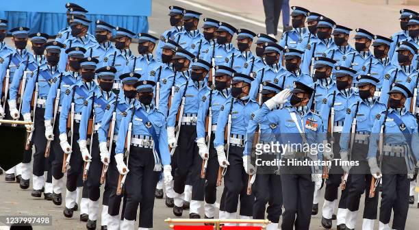The Indian Air Force contingent marches during the73rd Republic Day parade, at Rajpath, on January 26, 2022 in New Delhi, India. India is celebrating...