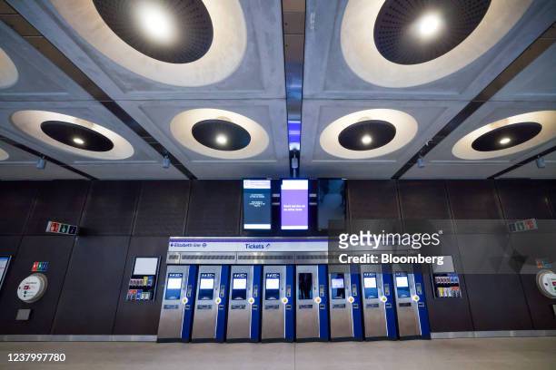 Ticket machines at Paddington station during trial operations on the Elizabeth Line train service in London, U.K., on Wednesday, Jan. 26, 2022....
