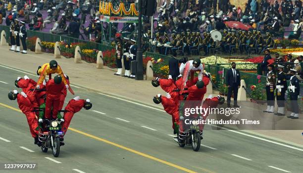 Indo Tibetan Border Polices motorcycle daredevil team of men personnel perform during the73rd Republic Day parade, at Rajpath, on January 26, 2022 in...