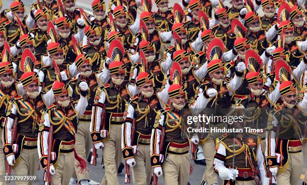 The Delhi Police contingent marches during the73rd Republic Day parade, at Rajpath, on January 26, 2022 in New Delhi, India. India is celebrating the...