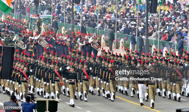 The National Cadet Corps mens contingent marches during the73rd Republic Day parade, at Rajpath, on January 26, 2022 in New Delhi, India. India is...