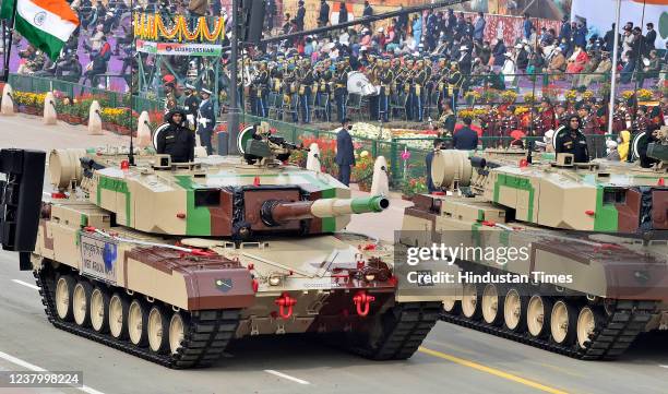 The MBT Arjun MK1 tank on display during the73rd Republic Day parade, at Rajpath, on January 26, 2022 in New Delhi, India. India is celebrating the...