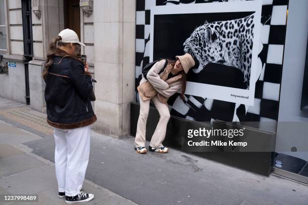 Passers by interact with a black and white photograph of a snarling leopard on Bond Street, one of which is pretending that the big cat is biting her...