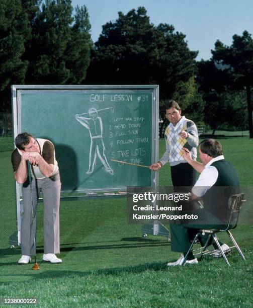 Humorous golf lesson enacted by American golfers Fuzzy Zoeller, Lanny Wadkins and Craig Stadler , to illustrate the frustrations of slow play, circa...