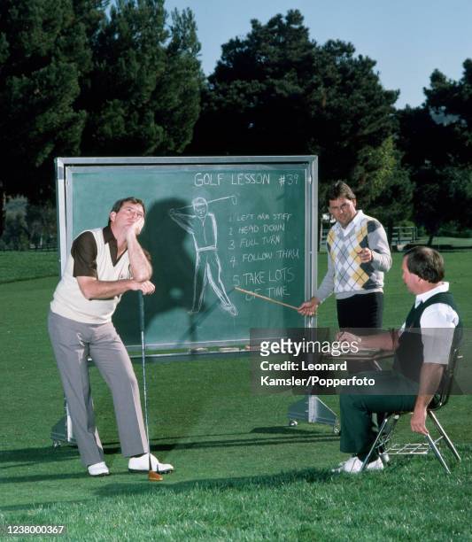 Humorous golf lesson enacted by American golfers Fuzzy Zoeller, Lanny Wadkins and Craig Stadler , to illustrate the frustrations of slow play, circa...