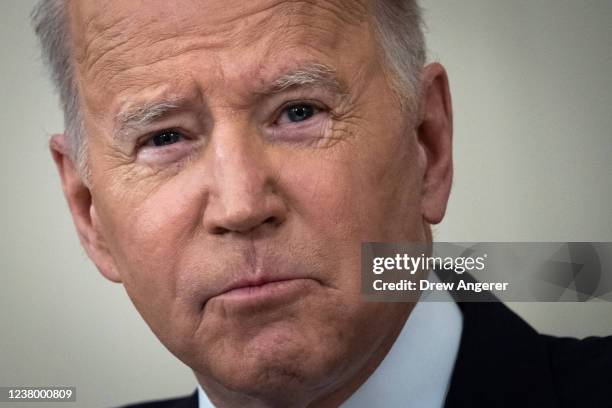 President Joe Biden speaks during a meeting with private sector CEOs in the State Dining Room of the White House on January 26, 2022 in Washington,...