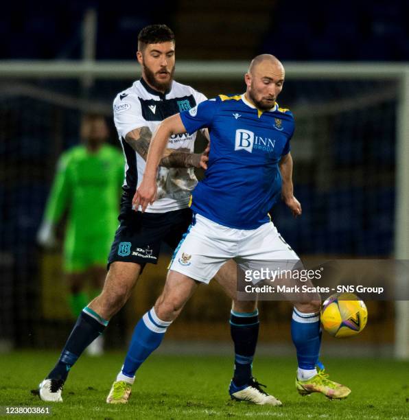 Dundee's Ryan Sweeney & St Johnstone Chris Kane during a cinch Premiership match between St Johnstone and Dundee at McDiarmid Park , on January 26 in...