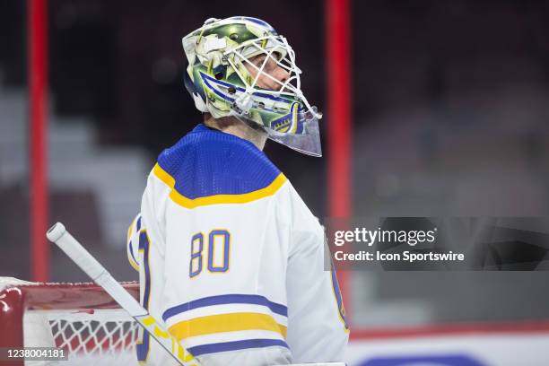 Buffalo Sabres Goalie Aaron Dell after a whistle during second period National Hockey League action between the Buffalo Sabres and Ottawa Senators on...