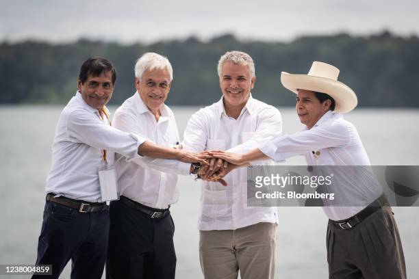 Rogelio Ramirez, Mexico's finance secretary, from left, Sebastian Pinera, Chile's president, Ivan Duque, Colombia's president, and Pedro Castillo,...