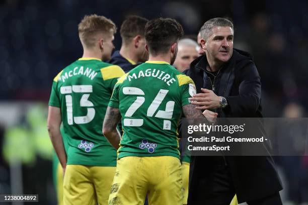 Preston North End manager Ryan Lowe with Sean Maguire at the final whistle during the Sky Bet Championship match between West Bromwich Albion and...