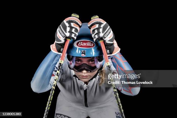 Winter Olympics Preview: Portrait of USA alpine skier Mikaela Shiffrin posing during photo shoot. Cover. St. Moritz, Switzerland 12/9/2021 CREDIT:...