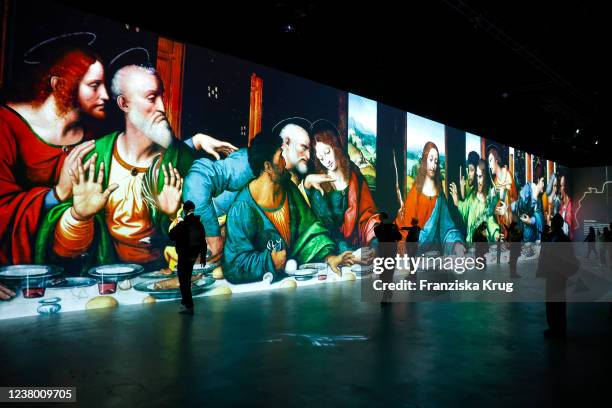 General view at the pre-opening of "Genius - An Immersive, Creative Journey Through The Eyes Of Leonardo Da Vinci" on January 26, 2022 in Berlin,...
