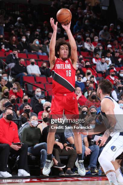 Elleby of the Portland Trail Blazers shoots a three point basket during the game against the Dallas Mavericks on January 26, 2022 at the Moda Center...