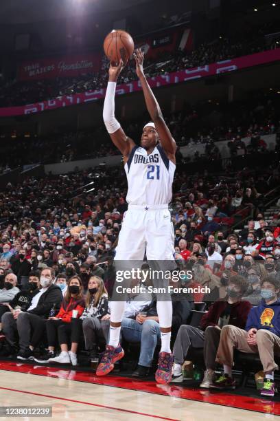 Frank Ntilikina of the Dallas Mavericks shoots a three point basket during the game against the Portland Trail Blazers on January 26, 2022 at the...