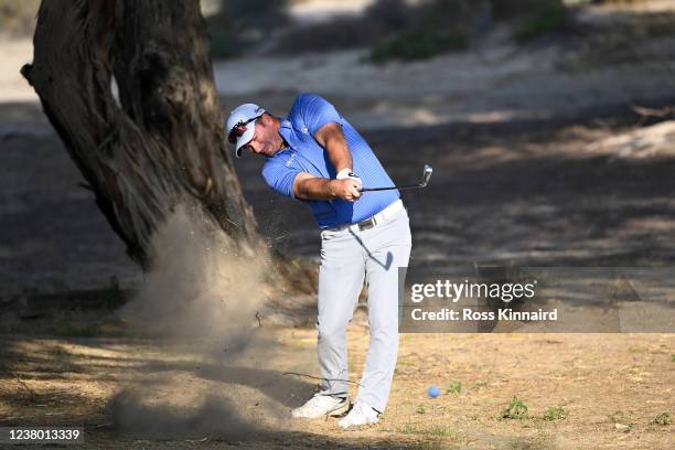 Ryan Fox of New Zealand hits his second shot on the 3rd hole during day one of the Slync.io Dubai Desert Classic at Emirates Golf Club on January 27,...