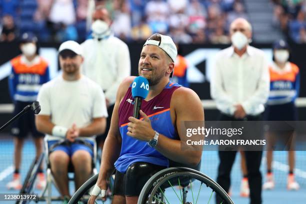 Australia's Dylan Alcott addresses the crowd after coming runner up to Netherlands' Sam Schroder in their men's quad wheelchair singles final match...