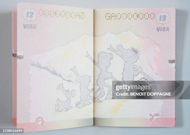 Illustration shows a drawing by Jean Roba in the series of 'Bollie en Billie - Boule et Bill' on a page in the new Belgian international passport, in...