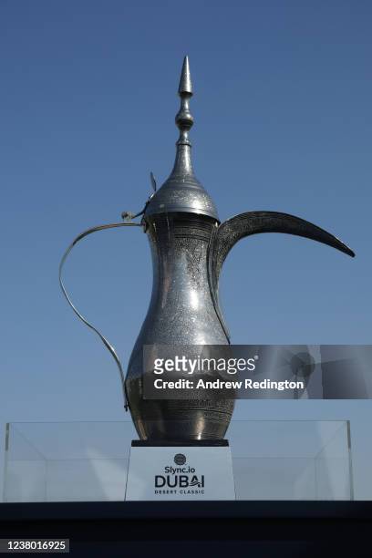 General View of the Dubai Desert Classic trophy during day one of the Slync.io Dubai Desert Classic at Emirates Golf Club on January 27, 2022 in...