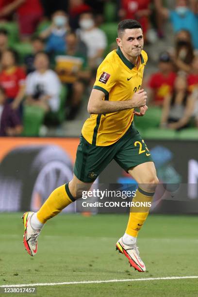 Australia's Tomas Rogic celebrates after scoring a goal during the FIFA World Cup Qatar 2022 football qualification match between Australia and...