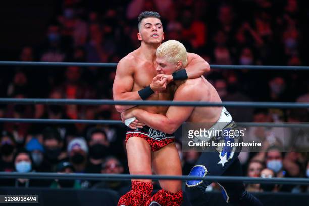 Sammy Guevara has Cody Rhodes to in a headlock during AEW Dynamite on January 26 at the Wolstein Center in Cleveland, OH.