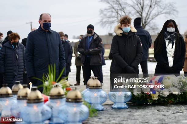 French Prime Minister Jean Castex and young representatives pay their respects at the International Monument to the Victims of Fascism during a visit...