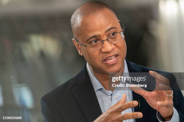 Adrian Mitchell, chief financial officer of Macy's Inc., speaks during a Bloomberg Television interview at the company's flagship store in New York,...