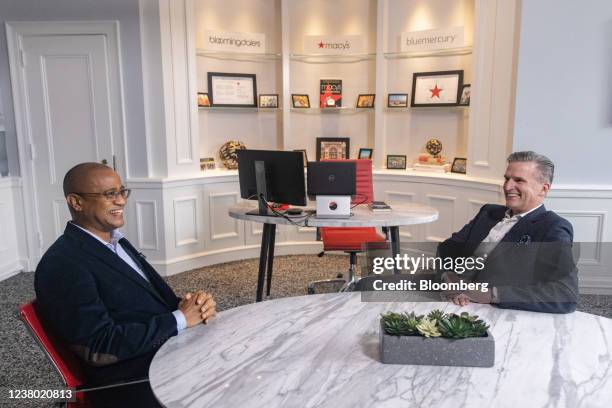 Adrian Mitchell, chief financial officer of Macy's Inc., left, and Jeff Gennette, chief executive officer of Macy's Inc, .speak during a Bloomberg...