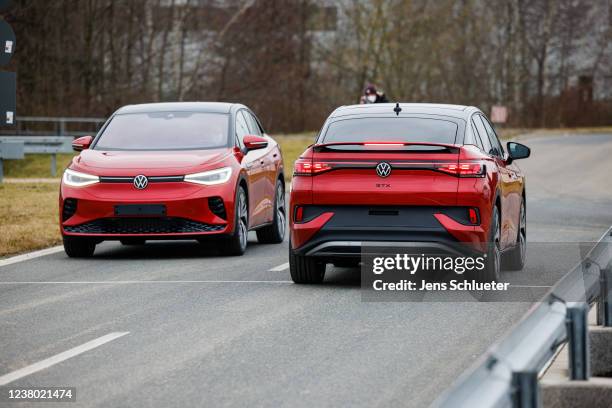 Volkswagen ID.5 electric cars drives over the test track at the company's Zwickau plant on January 27, 2022 in Zwickau, Germany. Volkswagen is...