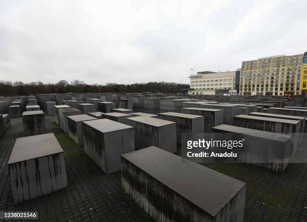 View from the Memorial to the Murdered Jews of Europe on International Holocaust Remembrance Day on January 27, 2022 in Berlin, Germany....