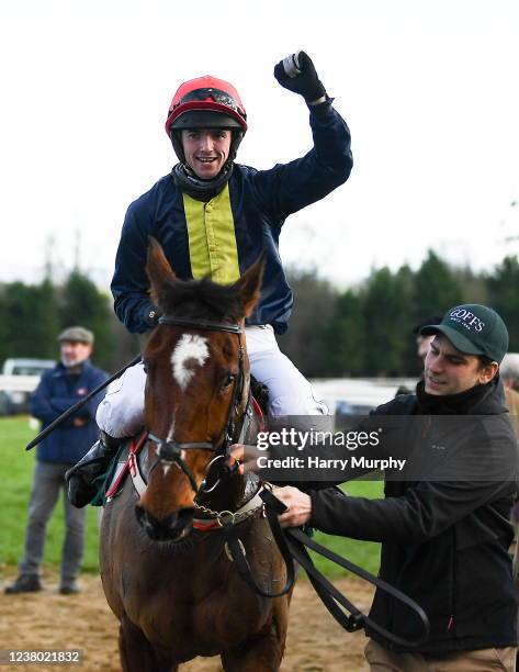 Kilkenny , Ireland - 27 January 2022; Jockey Darragh O'Keeffe celebrates on Longhouse Poet after winning the Goffs Thyestes Handicap Steeplechase at...