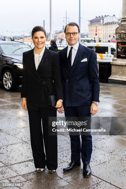 Crown Princess Victoria and Prince Daniel of Sweden arrive at the Michael Bindefeld Foundation In Memory of The Holocaust scholarship ceremony at the...