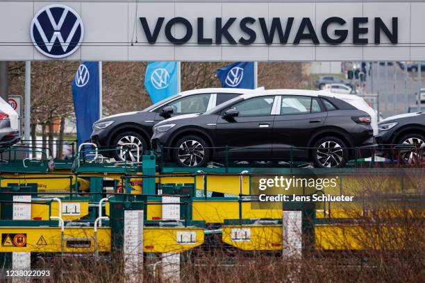 Various electric cars of the volkswagen group at the company's Zwickau plant on January 27, 2022 in Zwickau, Germany. Volkswagen is launching mass...