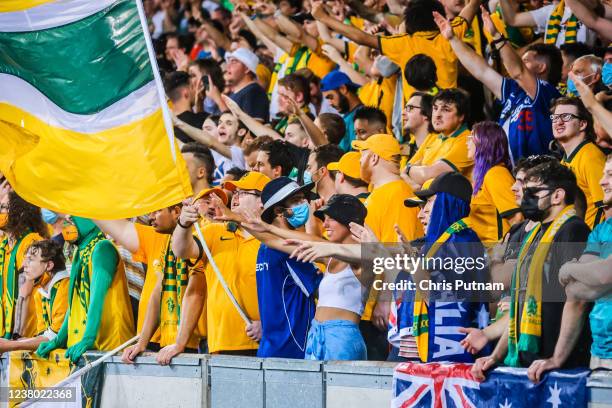 Crowd atmosphere at Australia Vs Vietnam World Cup qualifying match at Melbourne Rectangular Stadium on January 27, 2022 in Melbourne, Australia.