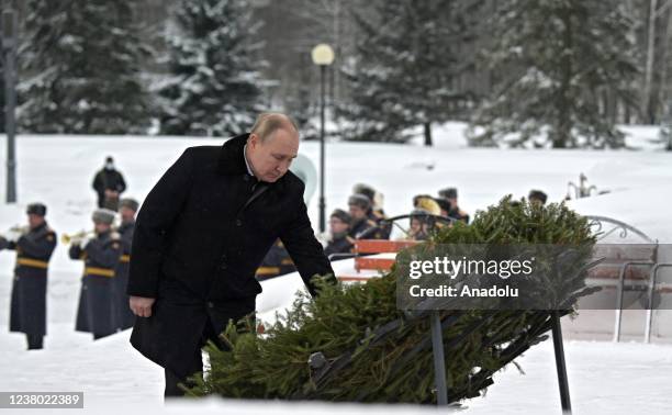 Russian President Vladimir Putin visits Piskaryovskoye Memorial Cemetery to mark the end of the siege of Leningrad during Second World War in its...