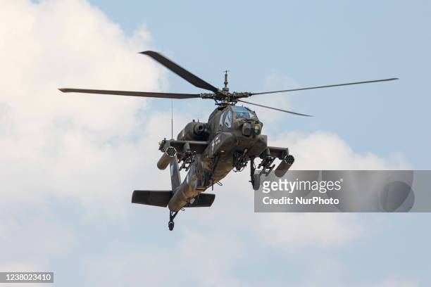 Boeing AH-64 Apache helicopter from the Greek Army as seen flying and manoeuvering during a flying display demonstration during Athens Flying Week...