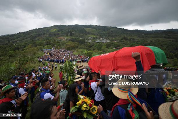 Colombian indigenous attend to the funeral of Jose Albeiro Camayo - killed by FARC dissidents on January 24, 2022 - a leader of the indigenous guard,...