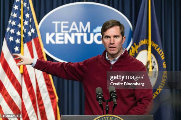 Andy Beshear, governor of Kentucky, speaks during a news conference in Frankfort, Kentucky, U.S., on Thursday, Jan. 27, 2022. Travel trailers...
