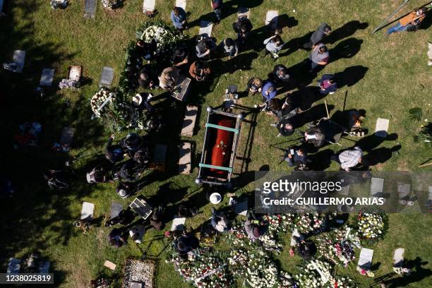Aerial view of relatives and friends of murdered journalist Lourdes Maldonado during his burial at Monte de los Olivos Cemetery in Tijuana, Baja...