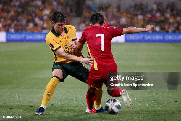 Fran Karacic of the Australian Socceroos and Xuan Truong Luong of Vietnam contests the ball during the World Cup Qualifier football match between...