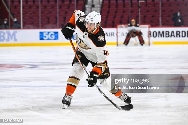 Anaheim Ducks defenceman Cam Fowler shoots the puck during the Anaheim Ducks versus the Montreal Canadiens game on January 27 at Bell Centre in...