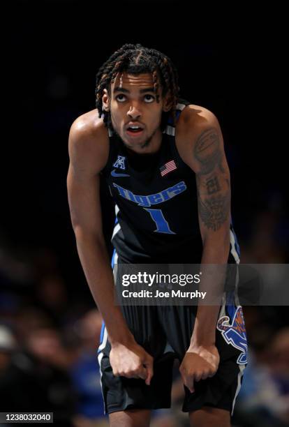Emoni Bates of the Memphis Tigers looks on against the East Carolina Pirates during a game on January 27, 2022 at FedExForum in Memphis, Tennessee....