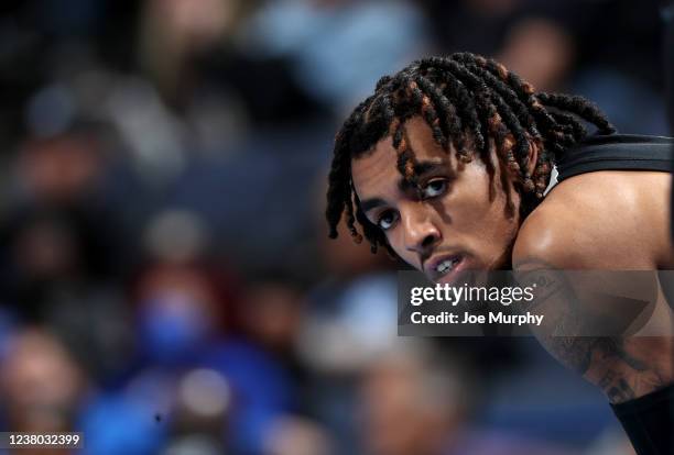 Emoni Bates of the Memphis Tigers looks on against the East Carolina Pirates during a game on January 27, 2022 at FedExForum in Memphis, Tennessee....