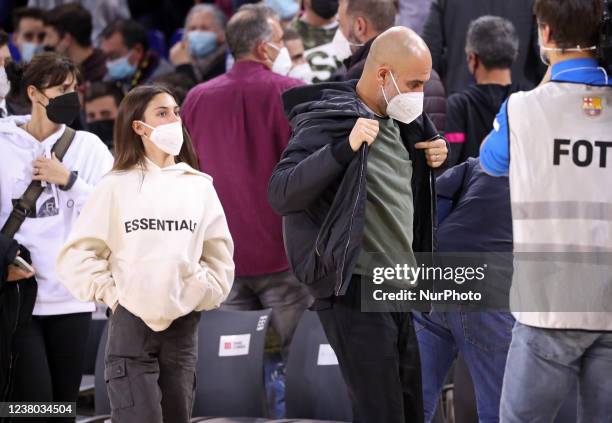 Pep Guardiola with his daugther and his wife Cristina Serra during the match between FC Barcelona and ASVEL Lyon-Villeurbanne, corresponding to the...