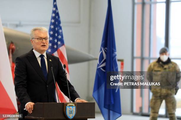 Lithuanian President Gitanas Nauseda speaks during a welcome ceremony for the incoming NATO Baltic Air Policing Mission support at the Lithuanian Air...