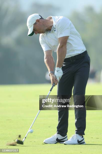 Rory McIlroy of Northern Ireland hits his second shot on the 13th hole during day two of the Slync.io Dubai Desert Classic at Emirates Golf Club on...