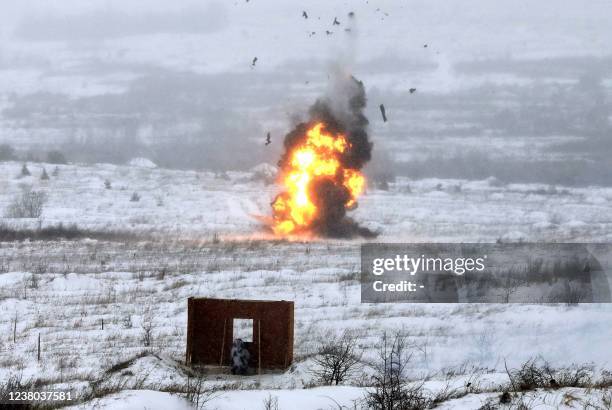 Ukrainian Military Forces serviceman shots with a Next generation Light Anti-tank Weapon Swedish-British anti-aircraft missile launcher during a...