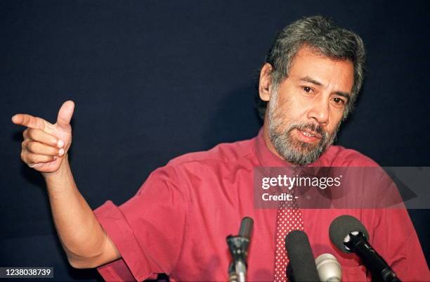 East Timorese independence leader Xanana Gusmao gestures during a press conference at the British Embassy in Jakarta, 16 September 1999. Gusmao...