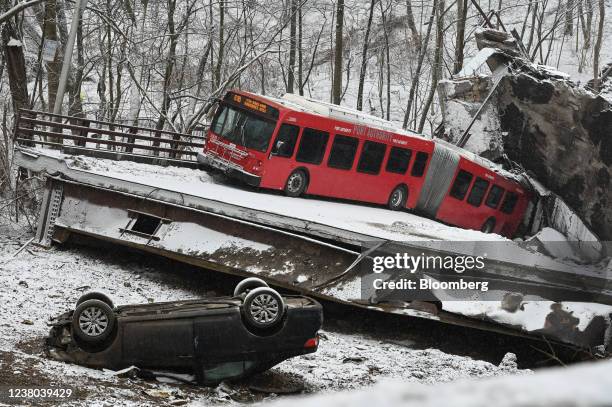 Collapsed bridge along Forbes Avenue near Frick Park in Pittsburgh, Pennsylvania, U.S., on Friday, Jan. 28, 2022. A major bridge in Pittsburgh has...
